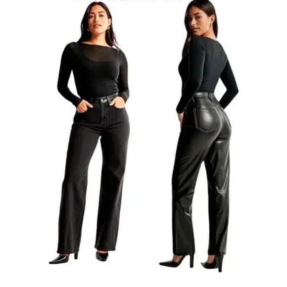 Abercrombie 90s Straight Ultra High Rise Denim Vegan Leather Split Jeans Size 24 - Picture 1 of 12